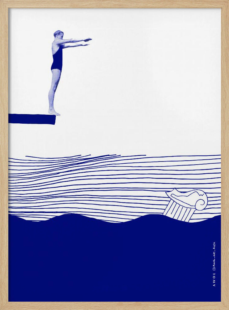 Modern Vintage Beach Wall Art, Nautical Art Print, Woman Swimming In Abstract Sea | Poster