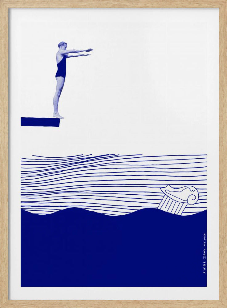 Modern Vintage Beach Wall Art, Nautical Art Print, Woman Swimming In Abstract Sea | Poster