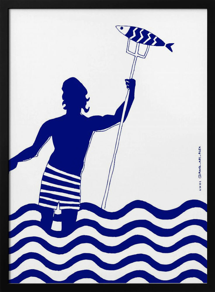 Modern Greek God Poseidon, Nautical Beach Art Print With Man Fishing In The Sea | Poster