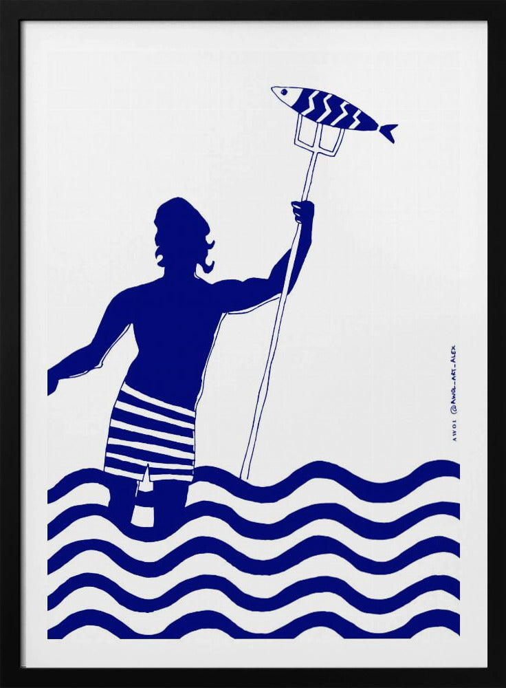 Modern Greek God Poseidon, Nautical Beach Art Print With Man Fishing In The Sea | Poster