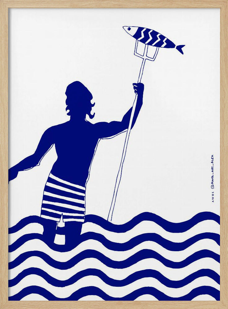 Modern Greek God Poseidon, Nautical Beach Art Print With Man Fishing In The Sea | Poster