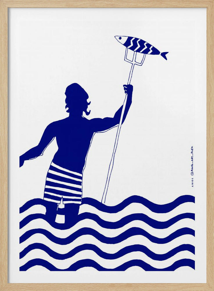 Modern Greek God Poseidon, Nautical Beach Art Print With Man Fishing In The Sea | Poster