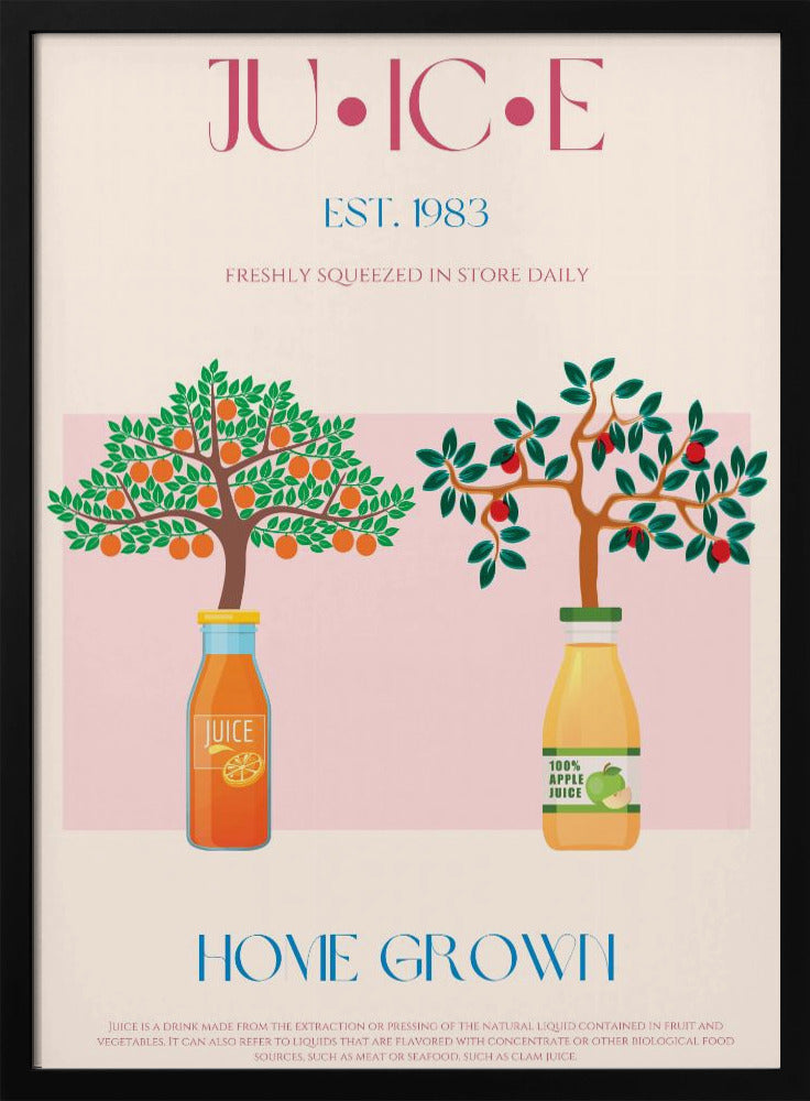 Sinaasappel- en appelbomen met sapflessen | Poster