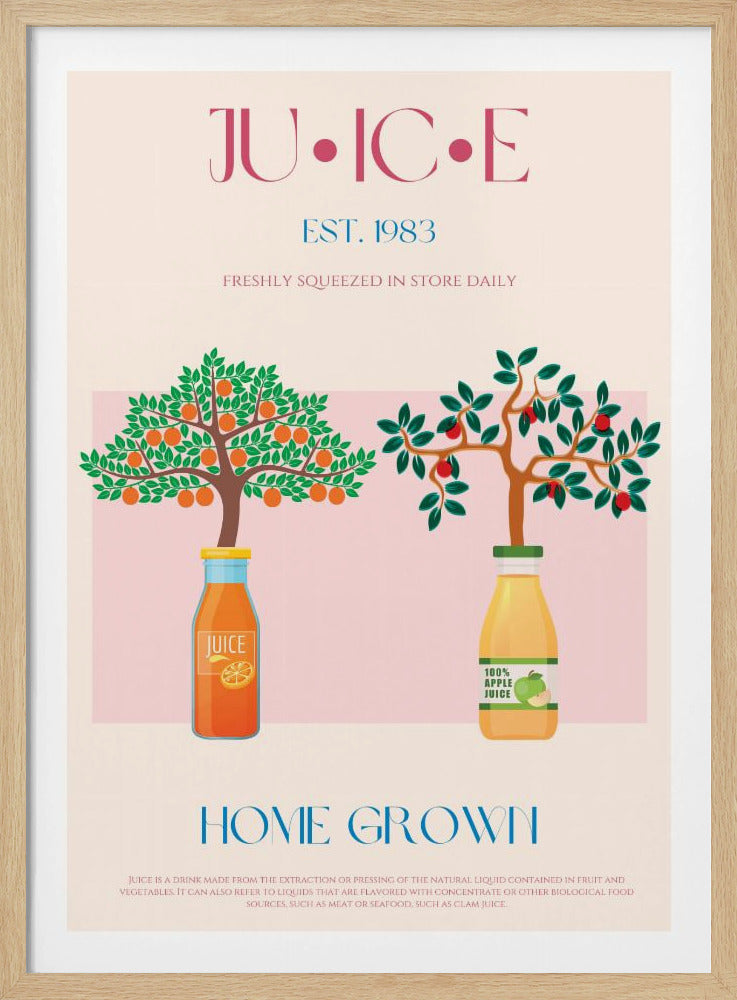 Sinaasappel- en appelbomen met sapflessen | Poster
