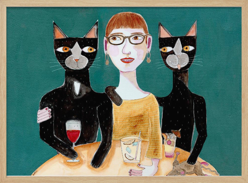 Dame met haar twee zwarte katten aan het drinken | Poster