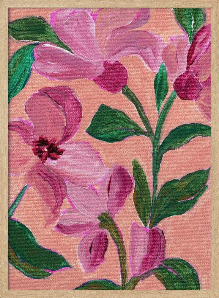 Roze bloemen met opvallende groene bladeren | Poster