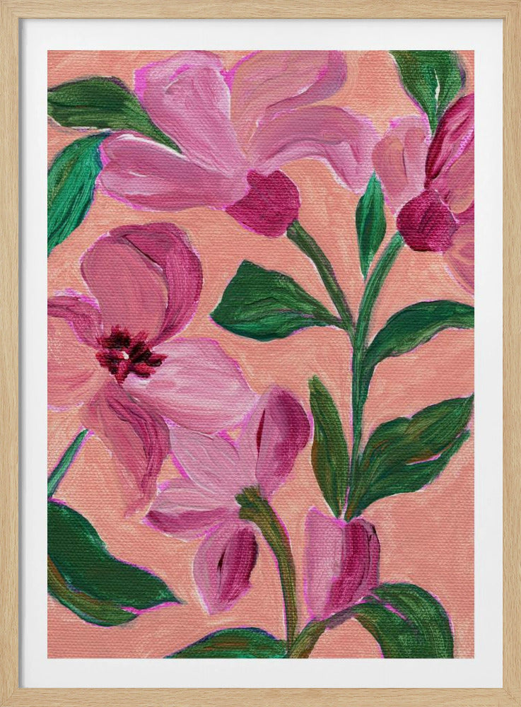 Roze bloemen met opvallende groene bladeren | Poster