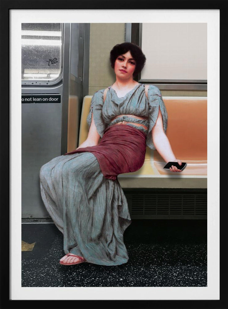 Een vrouw in antieke kledij zittend in een metro | Poster