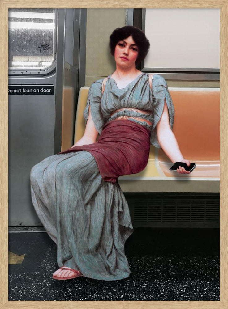 Een vrouw in antieke kledij zittend in een metro | Poster