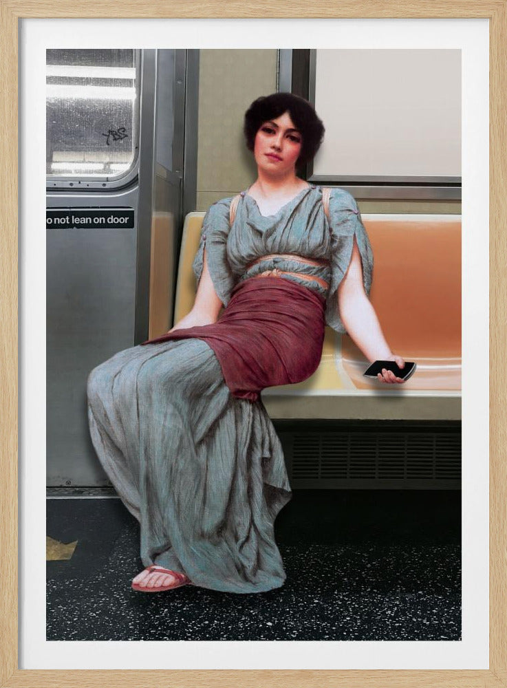 Een vrouw in antieke kledij zittend in een metro | Poster