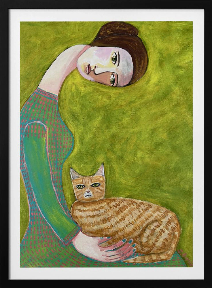 Bent Neck Lady met haar geliefde gemberkat. | Poster