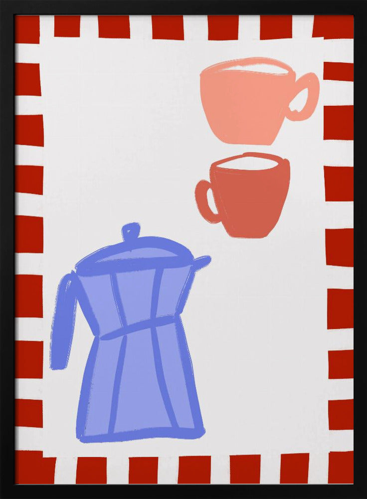 Minimalistische blauwe koffiepot en twee roze kopjes | Poster