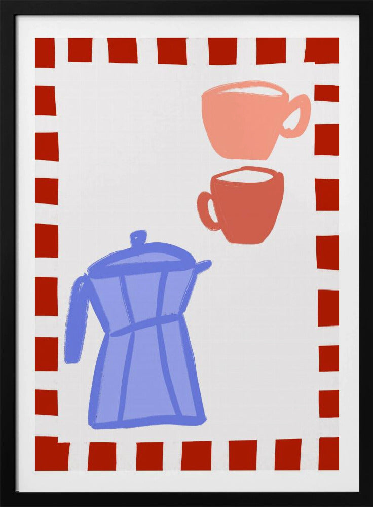 Minimalistische blauwe koffiepot en twee roze kopjes | Poster