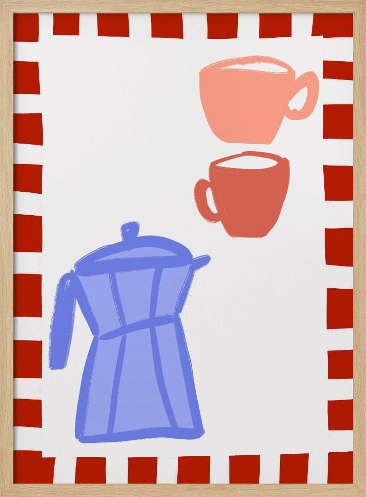 Minimalistische blauwe koffiepot en twee roze kopjes | Poster