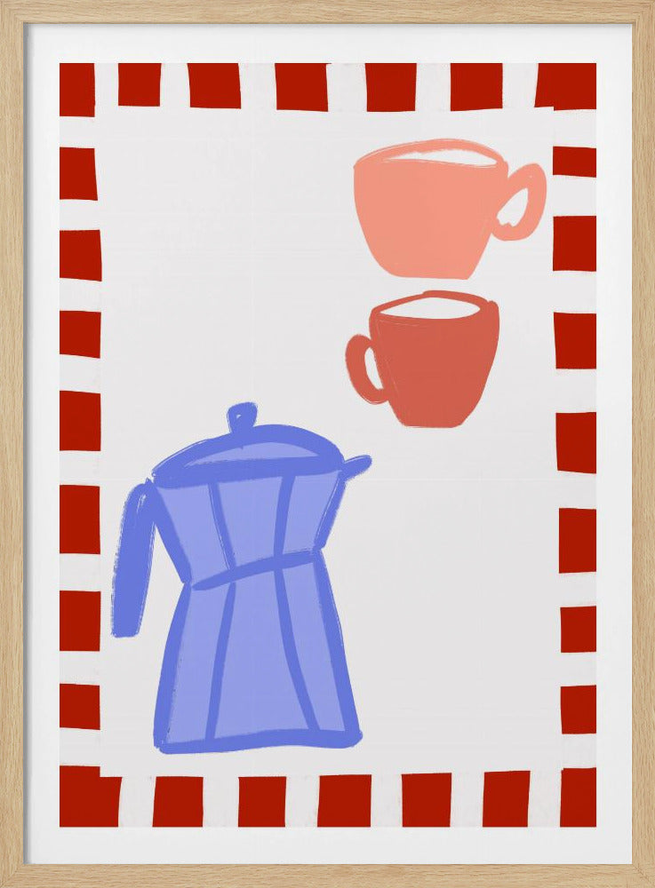 Minimalistische blauwe koffiepot en twee roze kopjes | Poster