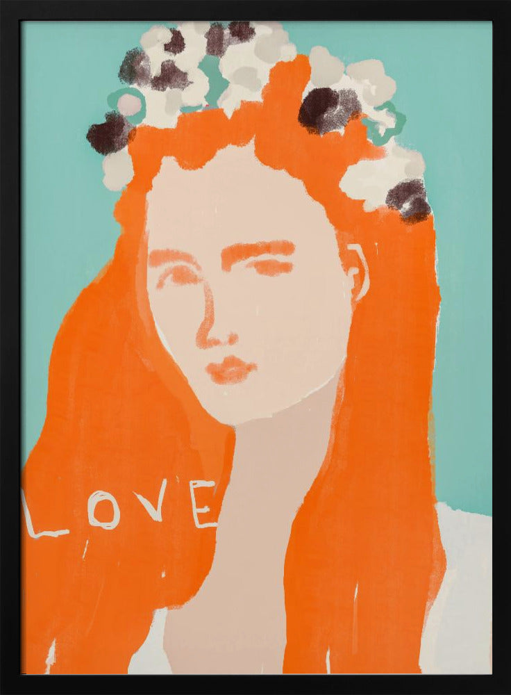 Vrouw met oranje haar versierd met bloemen | Poster