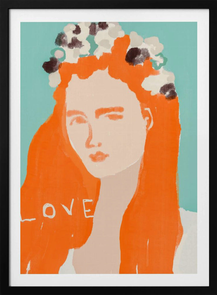 Vrouw met oranje haar versierd met bloemen | Poster