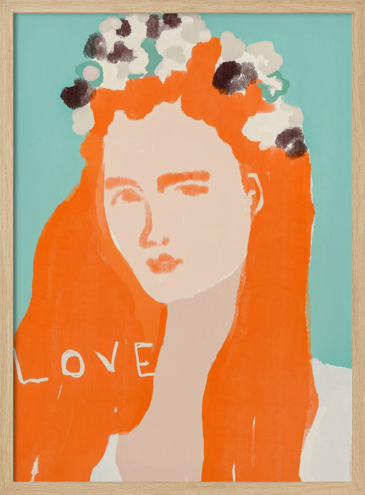 Vrouw met oranje haar versierd met bloemen | Poster