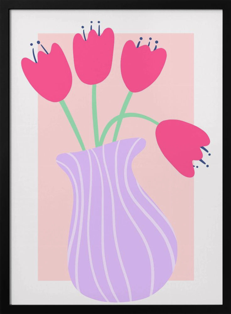 Levendige tulpen in een gestreepte lavendelvaas | Poster