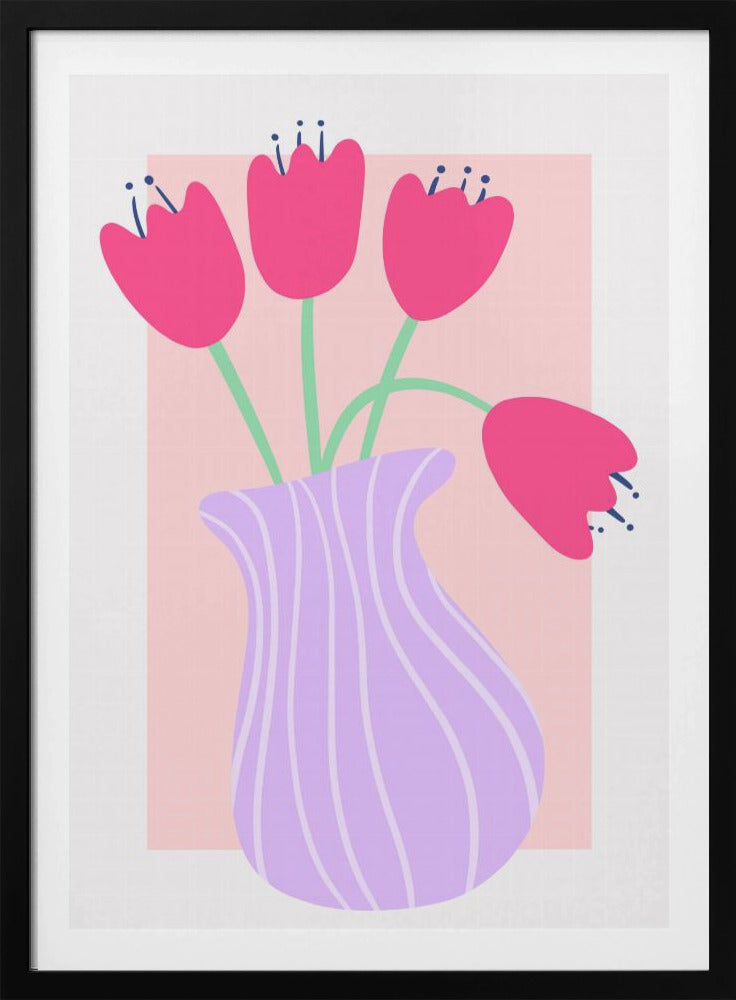 Levendige tulpen in een gestreepte lavendelvaas | Poster