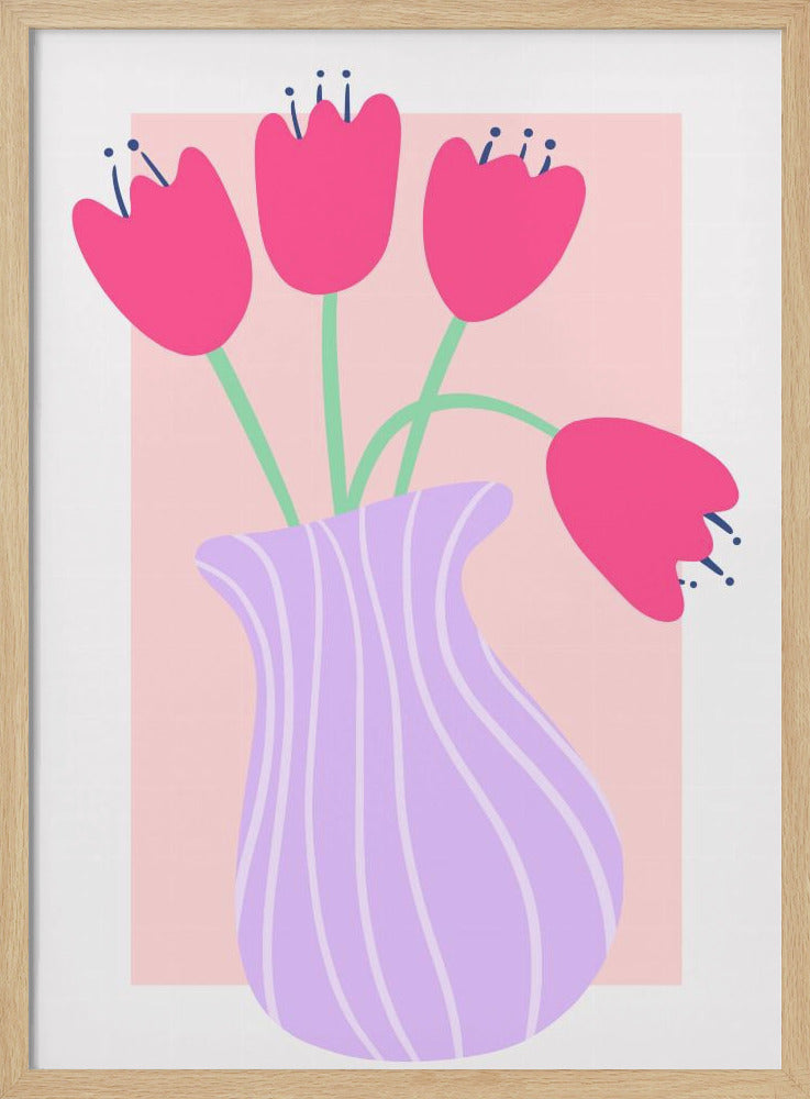 Levendige tulpen in een gestreepte lavendelvaas | Poster