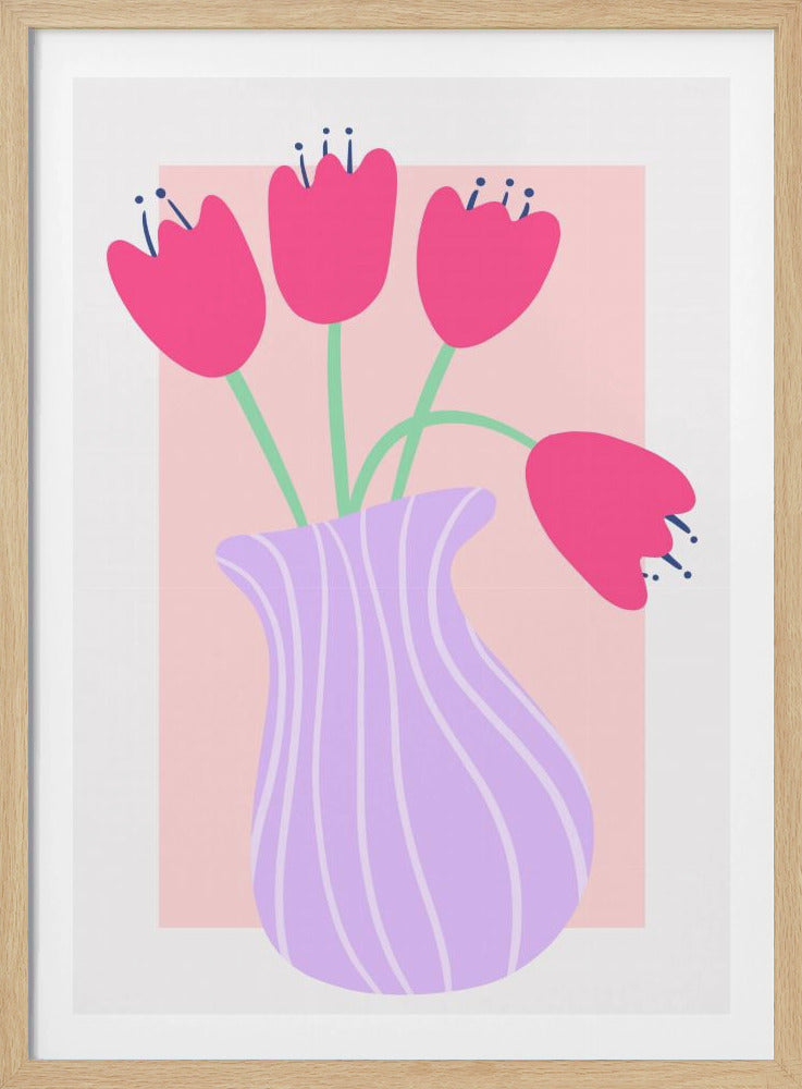 Levendige tulpen in een gestreepte lavendelvaas | Poster