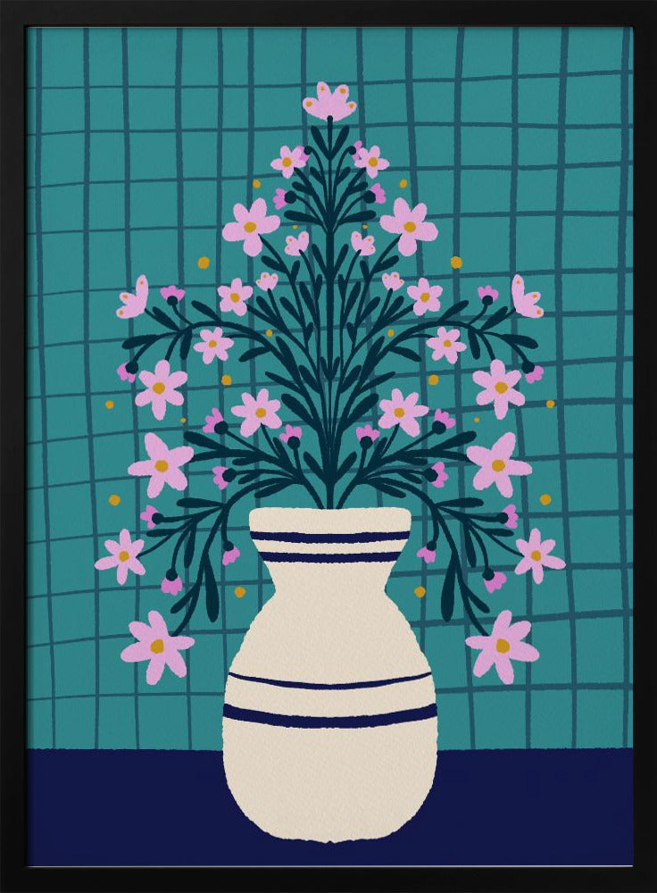 Turquoise bloemen in een vaas | Poster