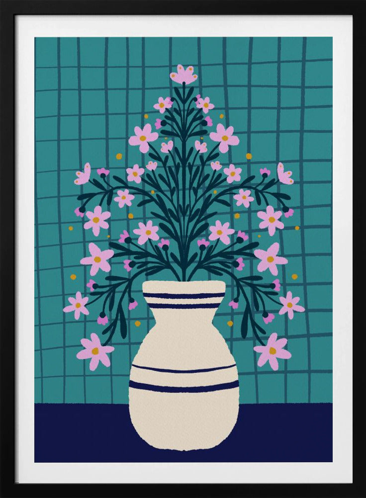 Turquoise bloemen in een vaas | Poster