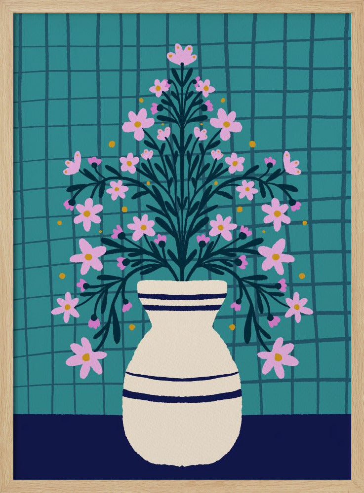 Turquoise bloemen in een vaas | Poster
