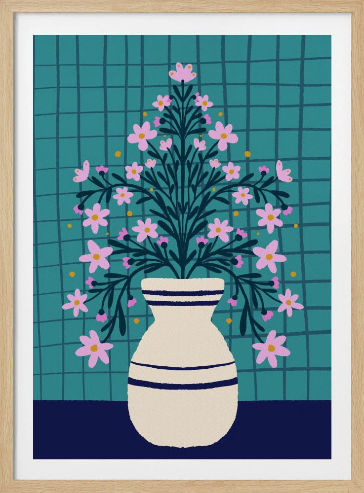 Turquoise bloemen in een vaas | Poster