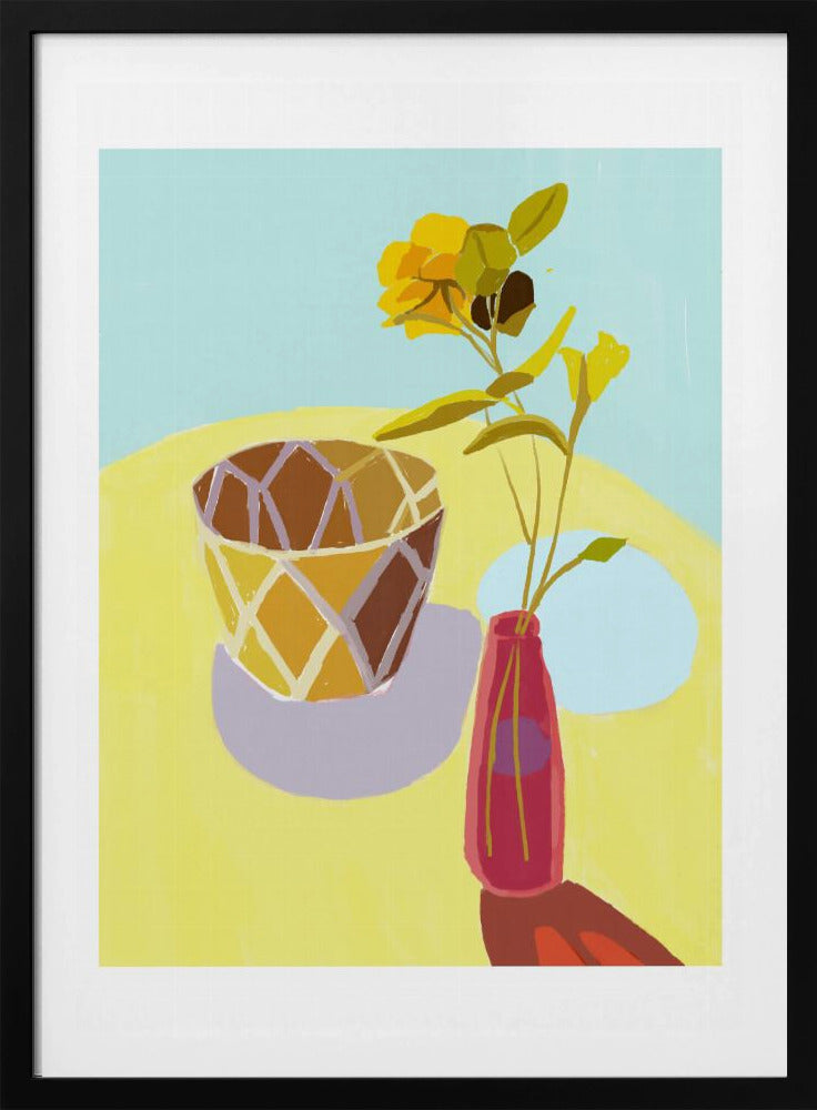 Gele bloemen in een rode pot | Poster