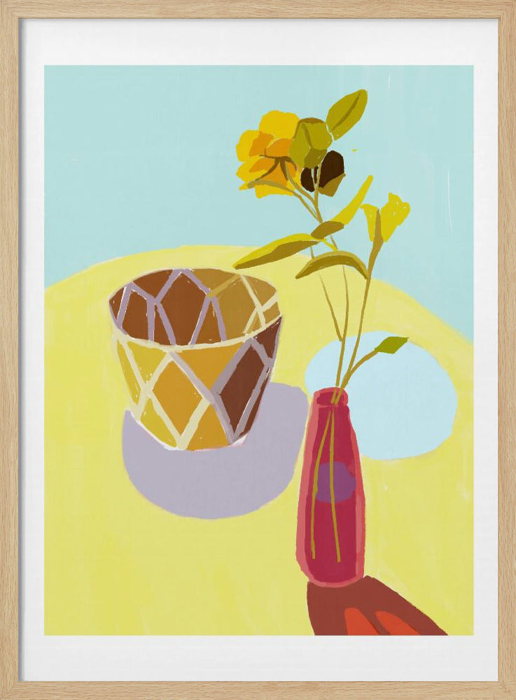 Gele bloemen in een rode pot | Poster
