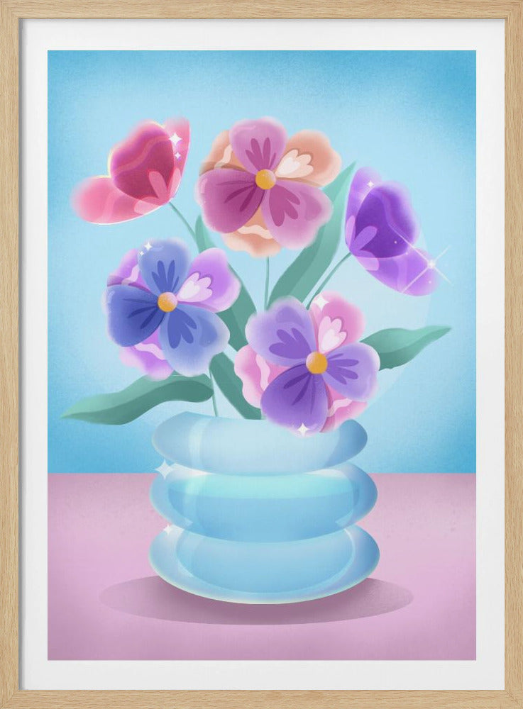 Bloemblaadjes in blauwe vaas | Poster