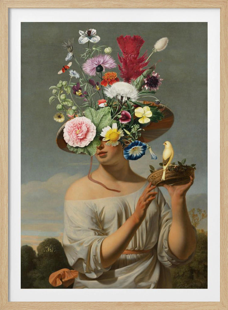 Vrouw met een grote bloemenhoed | Poster