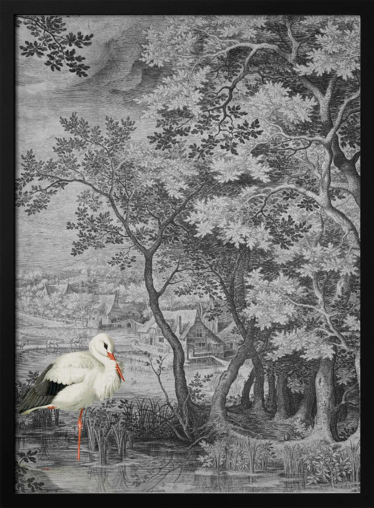 Vintage landschap met ooievaar | Poster