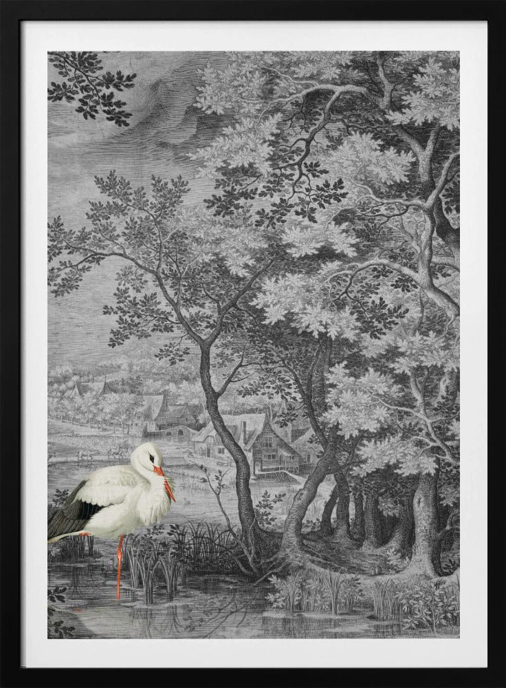 Vintage landschap met ooievaar | Poster