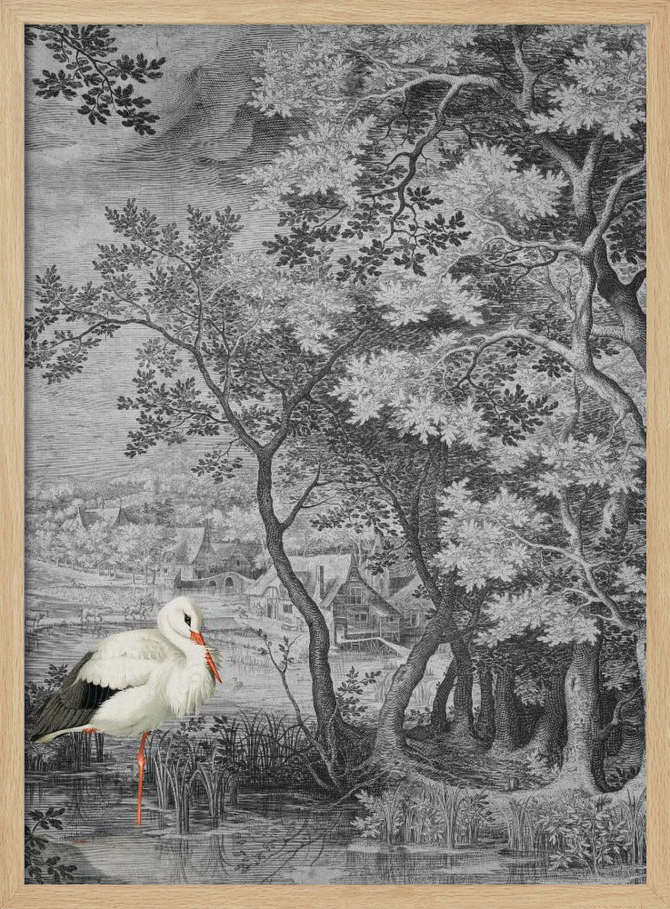 Vintage landschap met ooievaar | Poster