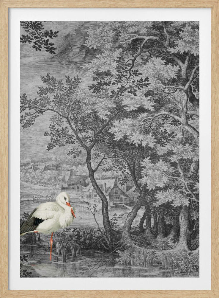 Vintage landschap met ooievaar | Poster