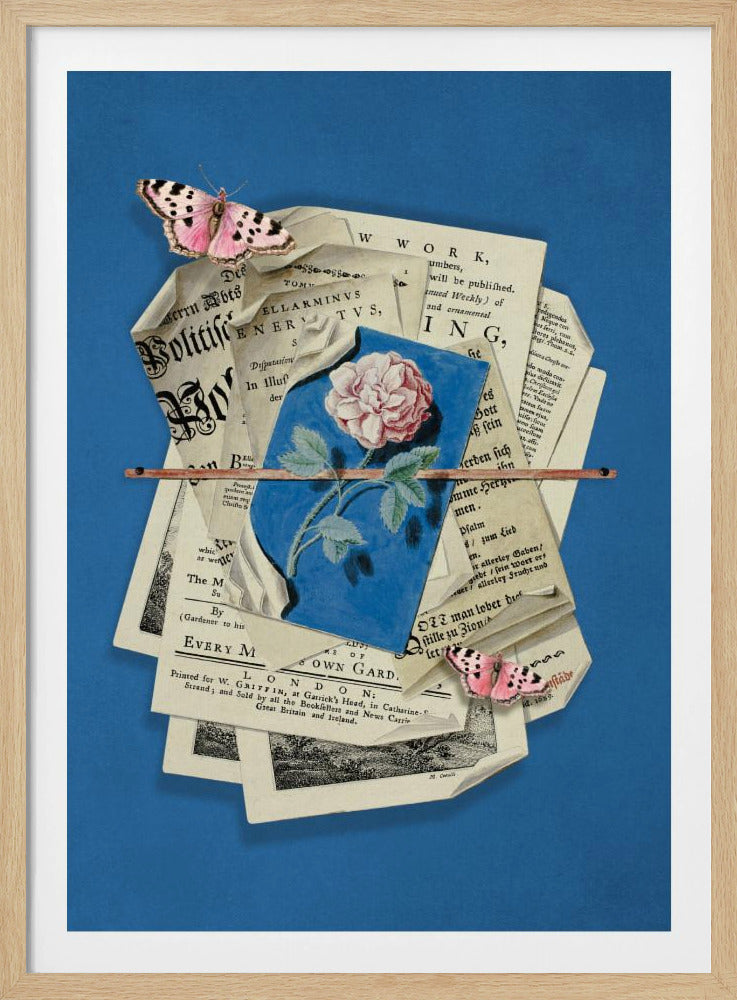 Roze roos omringd door vintage papier | Poster
