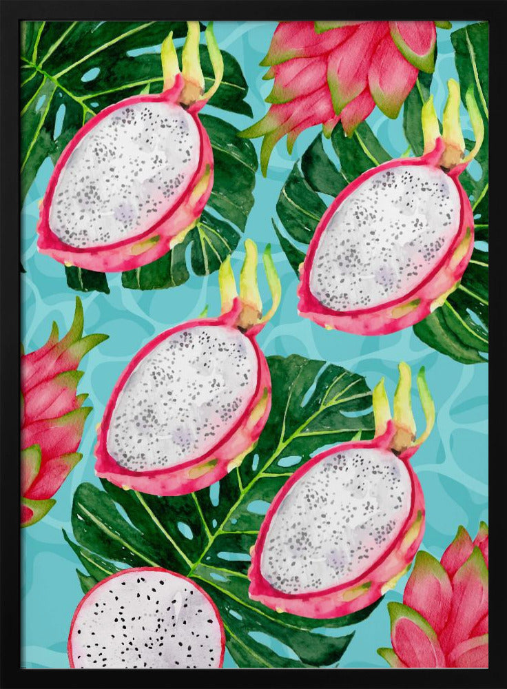 Levendig drakenfruit- en monsterabladerenesthetisch patroon - Exotische tropische aquarel | Poster