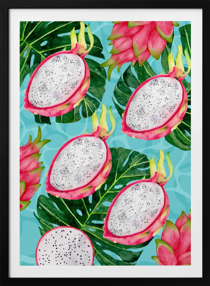 Levendig drakenfruit- en monsterabladerenesthetisch patroon - Exotische tropische aquarel | Poster