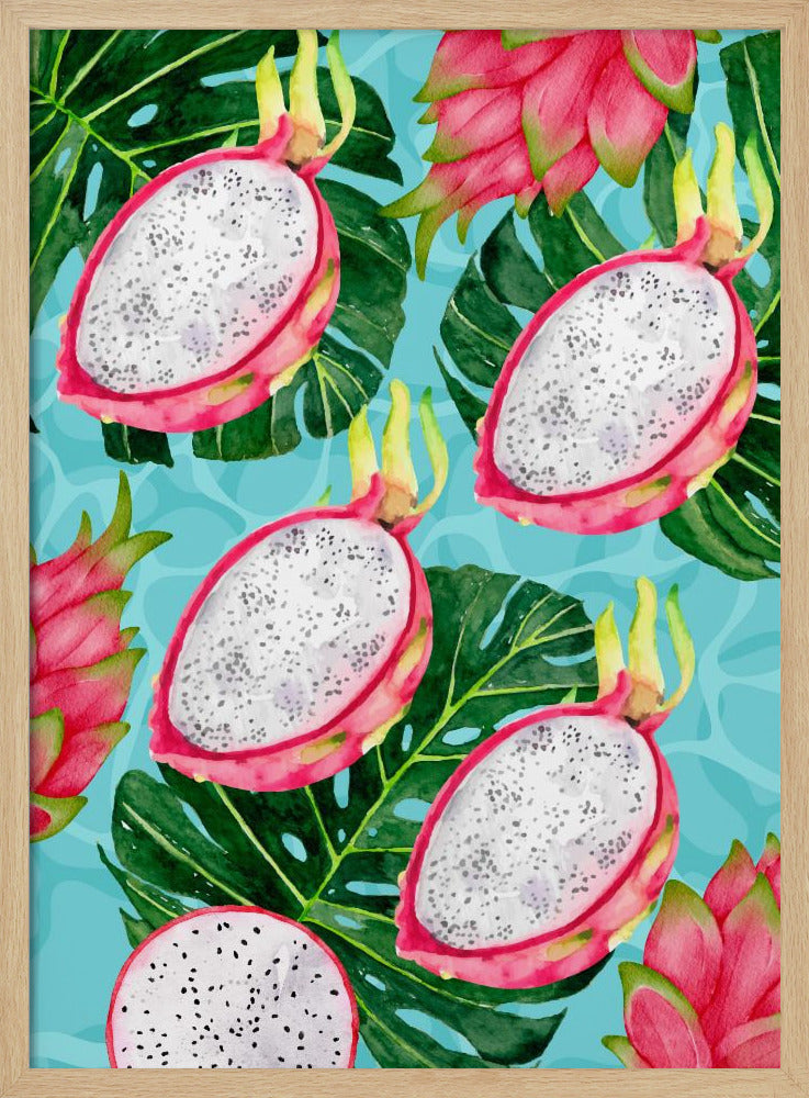 Levendig drakenfruit- en monsterabladerenesthetisch patroon - Exotische tropische aquarel | Poster