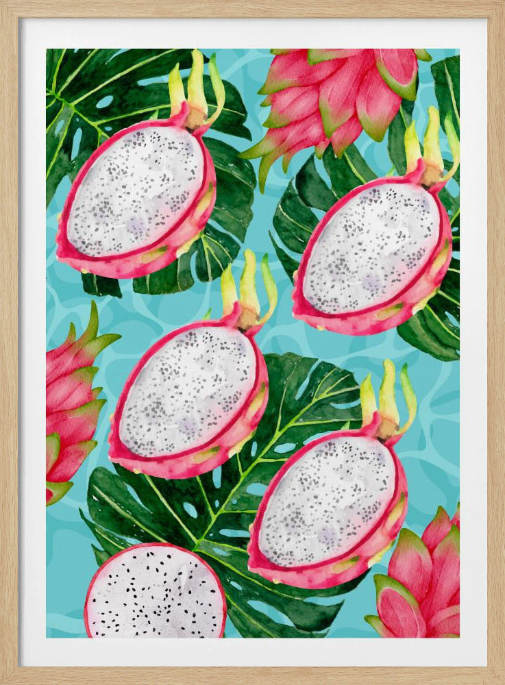 Levendig drakenfruit- en monsterabladerenesthetisch patroon - Exotische tropische aquarel | Poster