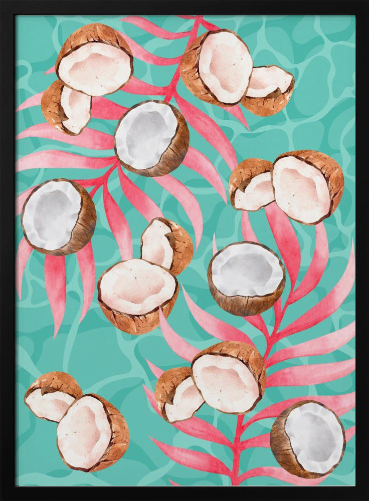 Pink Tropical Coconut & Palm Leaves Aesthetic Pattern - Modern watercolor | Poster