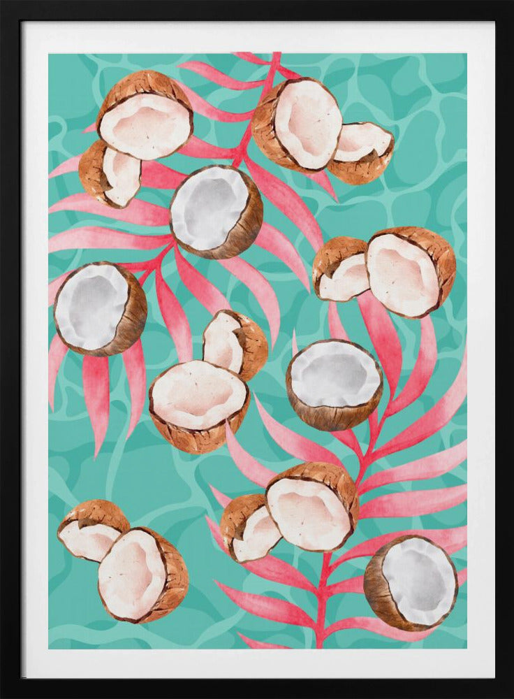 Pink Tropical Coconut & Palm Leaves Aesthetic Pattern - Modern watercolor | Poster