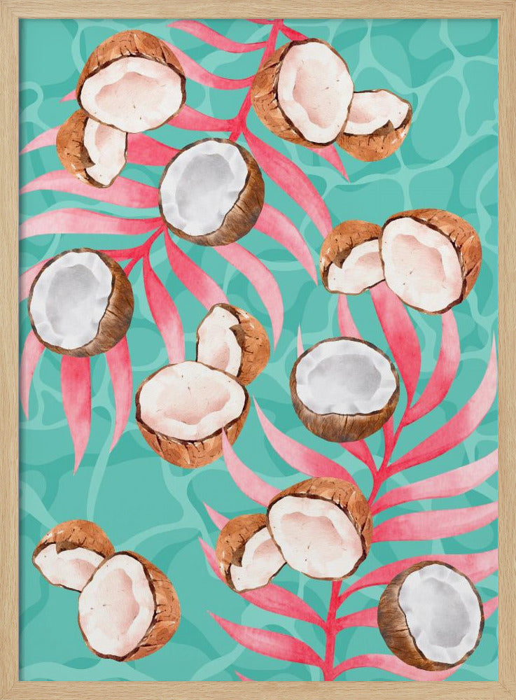 Pink Tropical Coconut & Palm Leaves Aesthetic Pattern - Modern watercolor | Poster