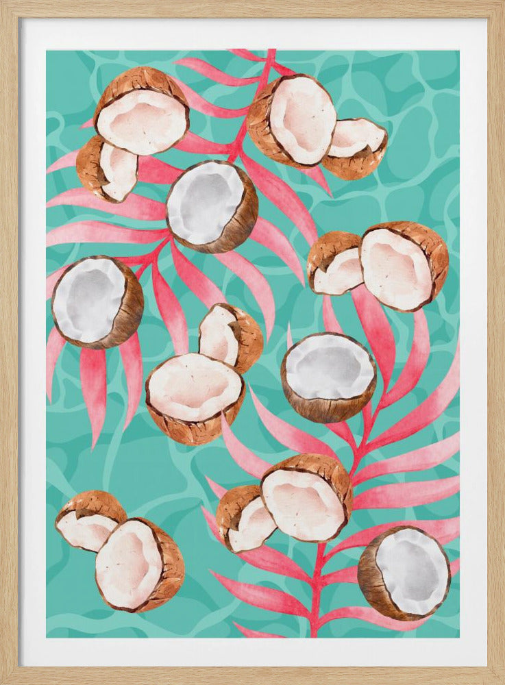 Pink Tropical Coconut & Palm Leaves Aesthetic Pattern - Modern watercolor | Poster