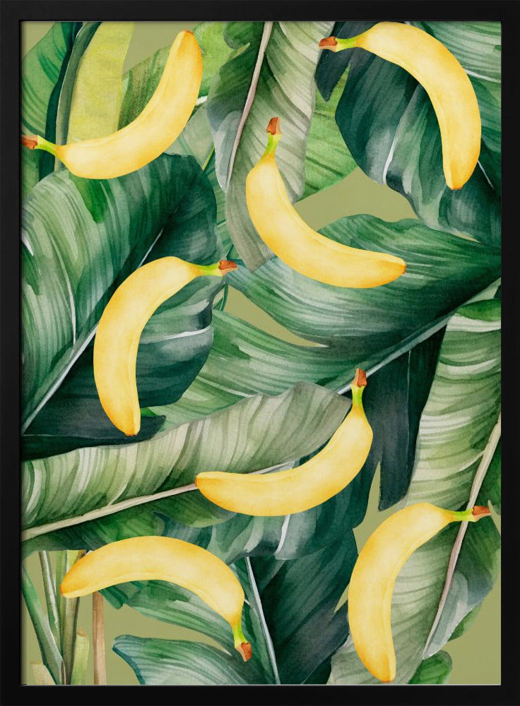 Verse banaan en weelderige tropische bladeren esthetisch patroon - natuurlijk aquarelontwerp | Poster