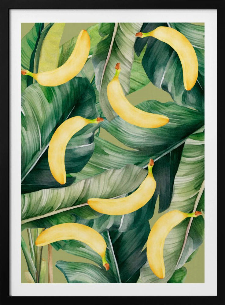 Verse banaan en weelderige tropische bladeren esthetisch patroon - natuurlijk aquarelontwerp | Poster