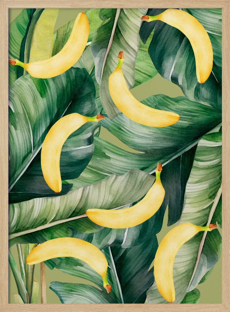 Verse banaan en weelderige tropische bladeren esthetisch patroon - natuurlijk aquarelontwerp | Poster